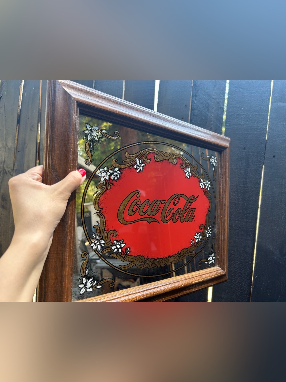 Collectible Coca Cola Red and Gold Framed Floral Mirror Sign Art Decor